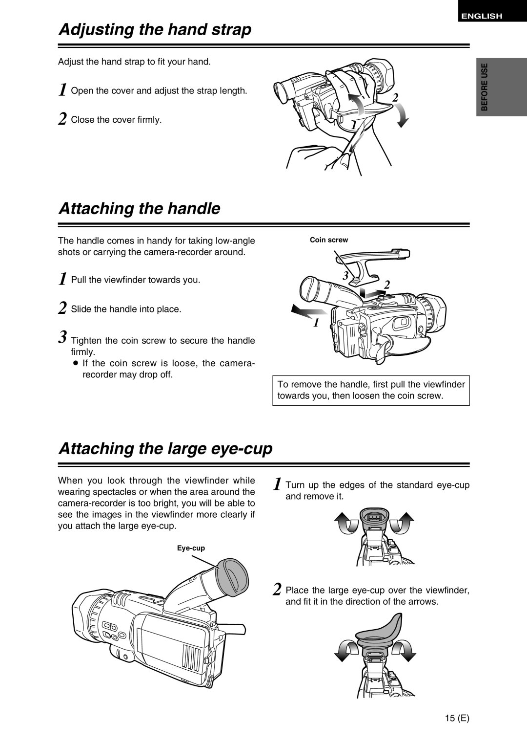 Panasonic AG-DVC30 Adjusting the hand strap, Attaching the handle, Attaching the large eye-cup, Coin screw, Eye-cup 