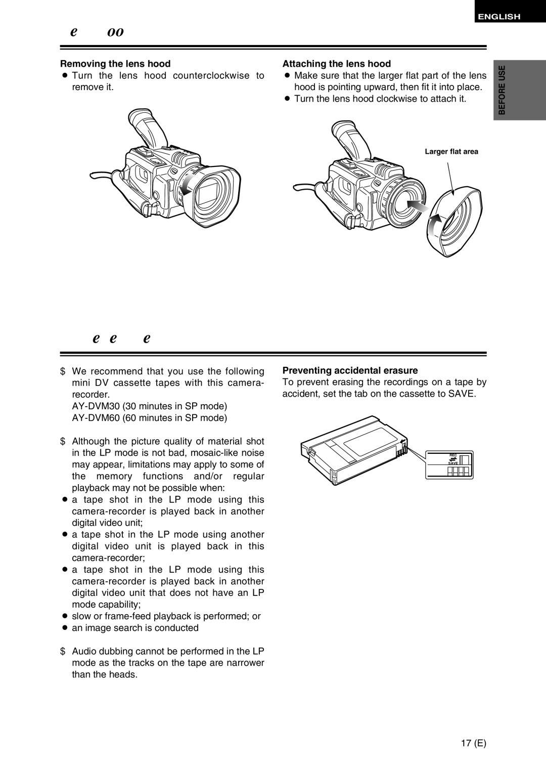 Panasonic AG-DVC30 specifications Lens hood, Cassette tapes, Removing the lens hood Attaching the lens hood, 17 E 