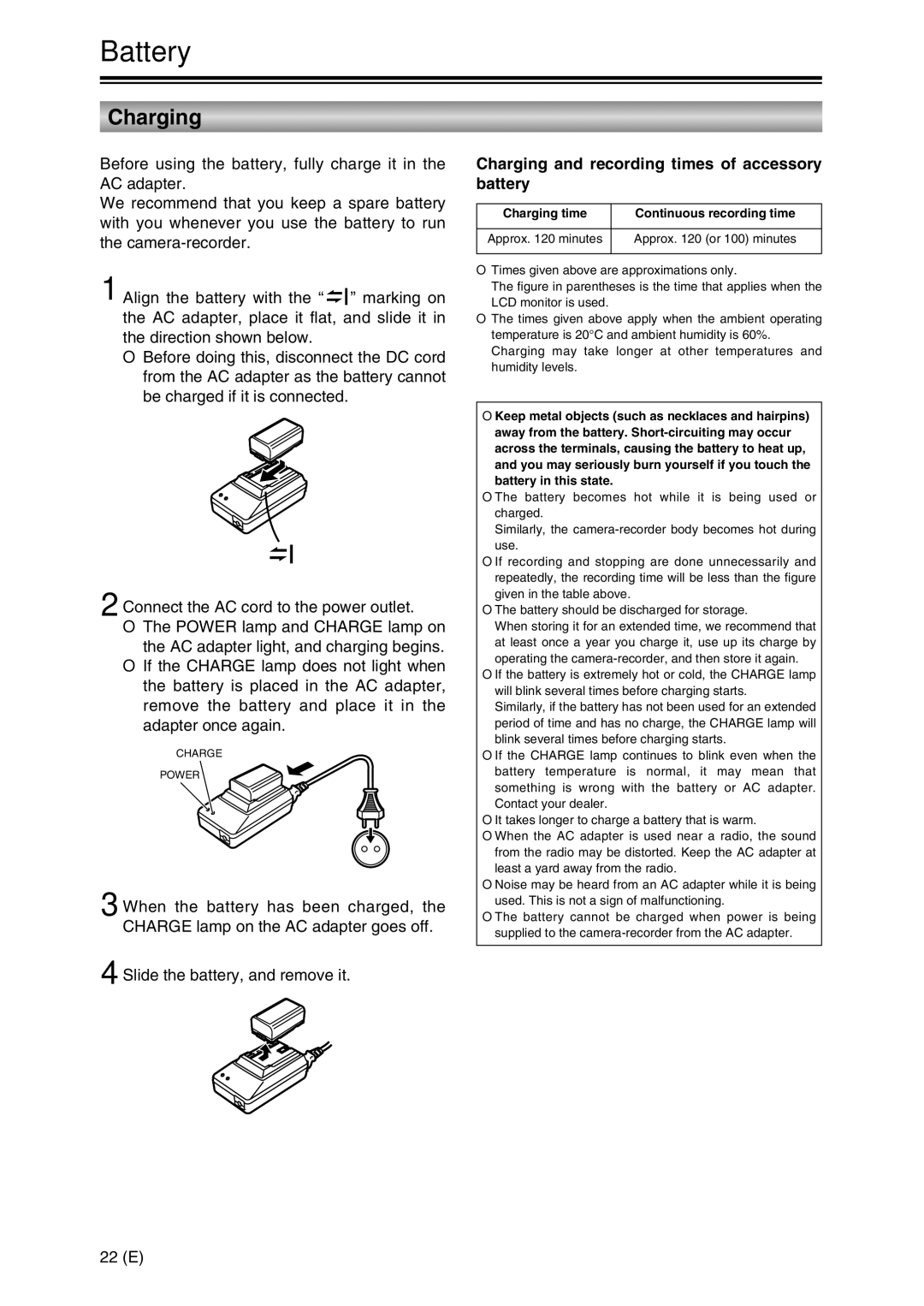 Panasonic AG-DVC30 specifications Battery, Charging and recording times of accessory battery, 22 E 