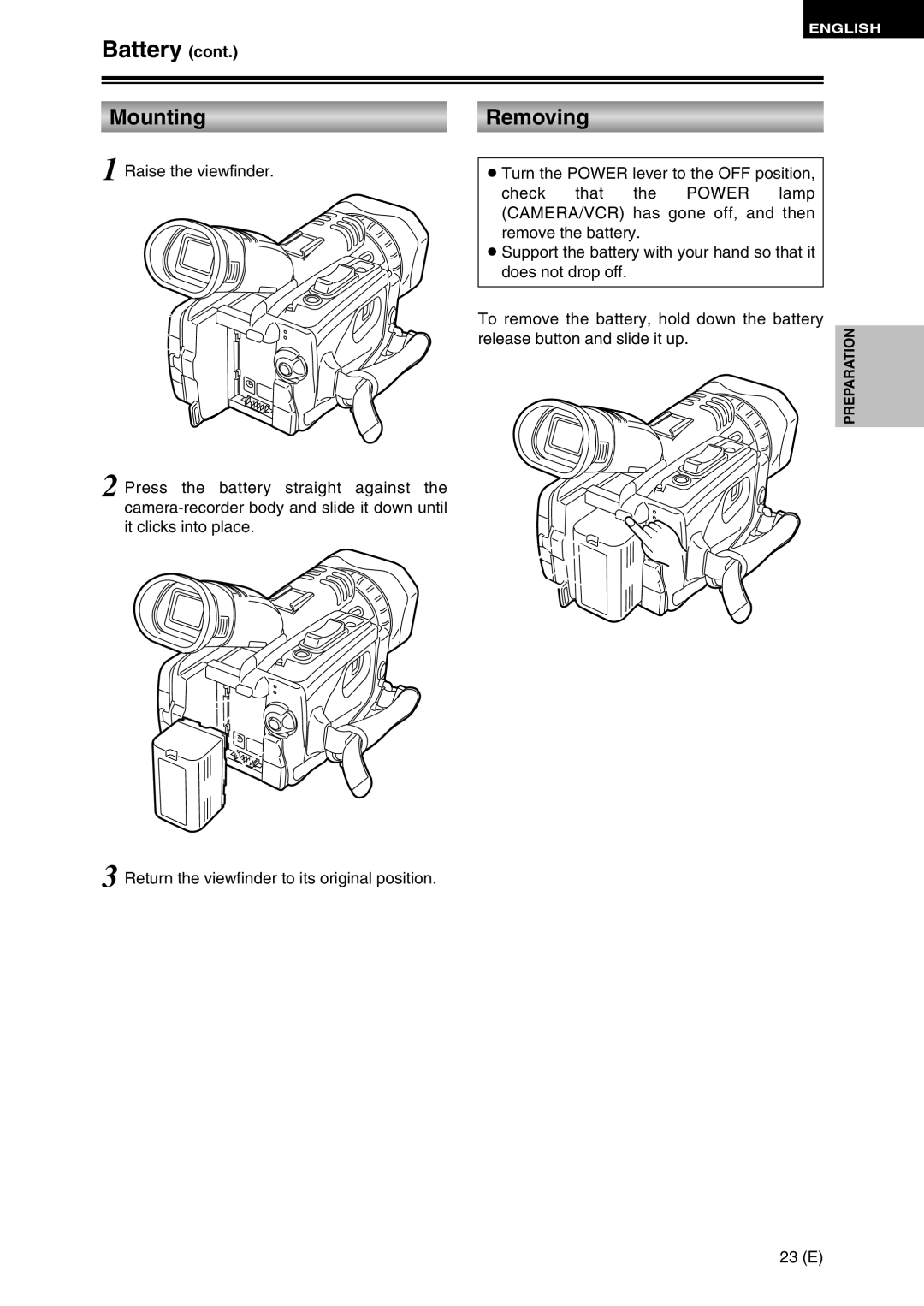 Panasonic AG-DVC30 specifications Battery, Mounting, Return the viewfinder to its original position 23 E 