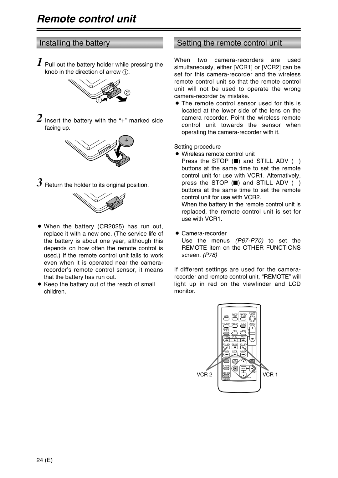 Panasonic AG-DVC30 Remote control unit, Installing the battery Setting the remote control unit, Setting procedure, 24 E 