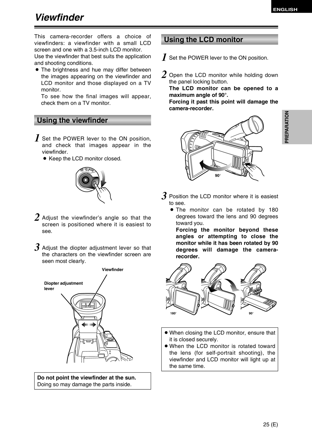 Panasonic AG-DVC30 Viewfinder, Using the viewfinder, Using the LCD monitor, Do not point the viewfinder at the sun 