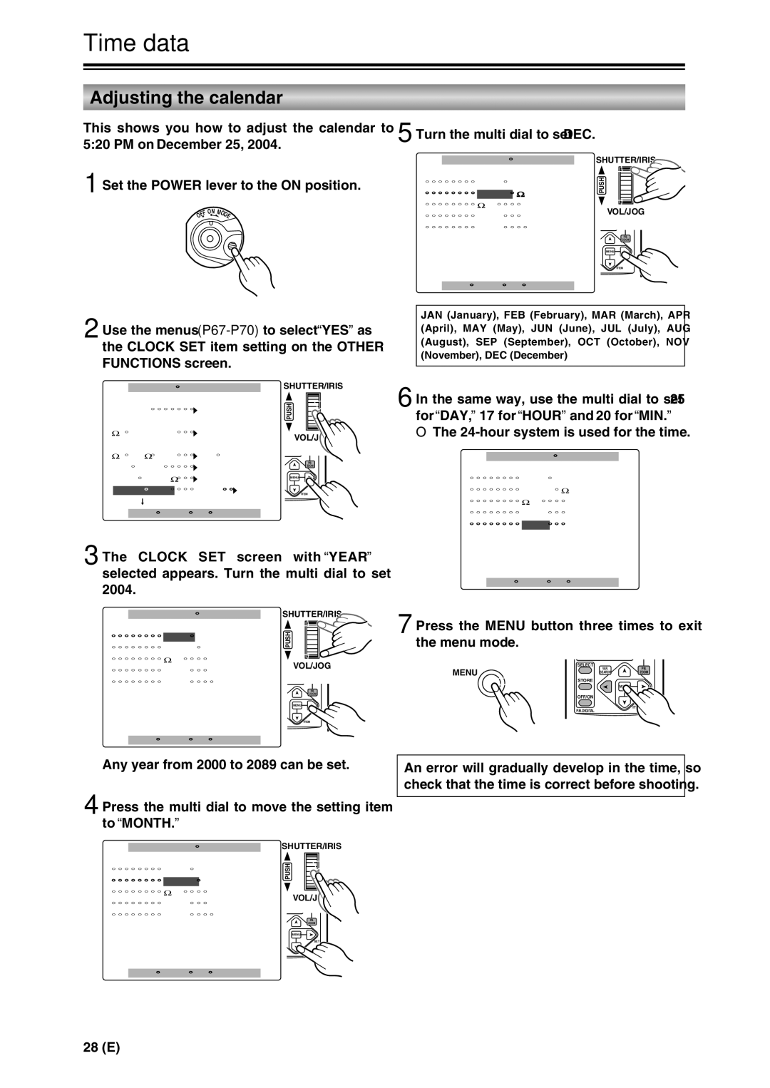 Panasonic AG-DVC30 specifications Time data, Adjusting the calendar, 2004, Turn the multi dial to set DEC 