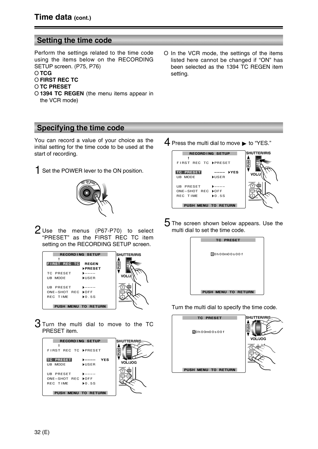 Panasonic AG-DVC30 Setting the time code, Specifying the time code, Turn the multi dial to move to the TC Preset item 