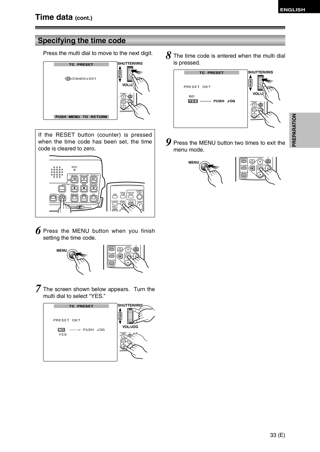 Panasonic AG-DVC30 specifications Press the Menu button when you finish setting the time code, 33 E 