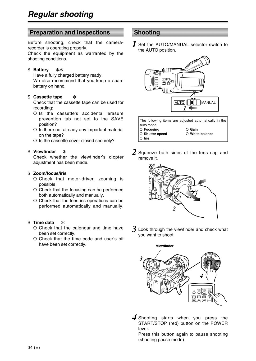 Panasonic AG-DVC30 specifications Regular shooting, Preparation and inspections 