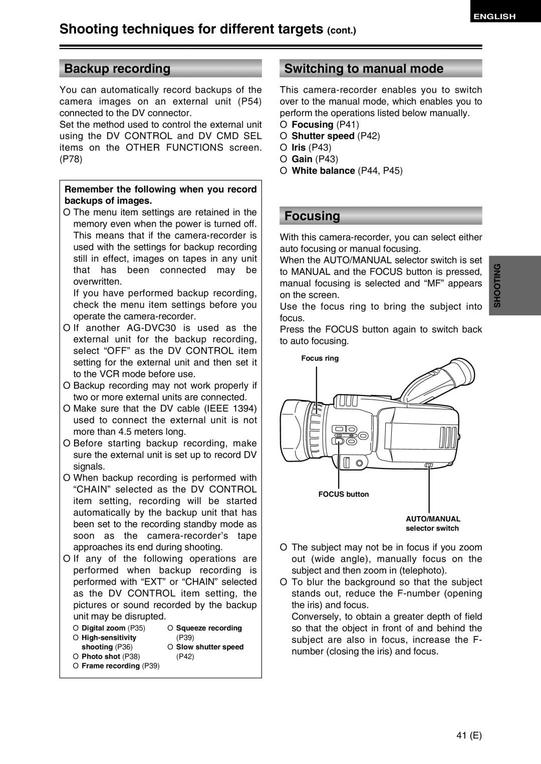 Panasonic AG-DVC30 specifications Backup recording, Switching to manual mode, Focusing 