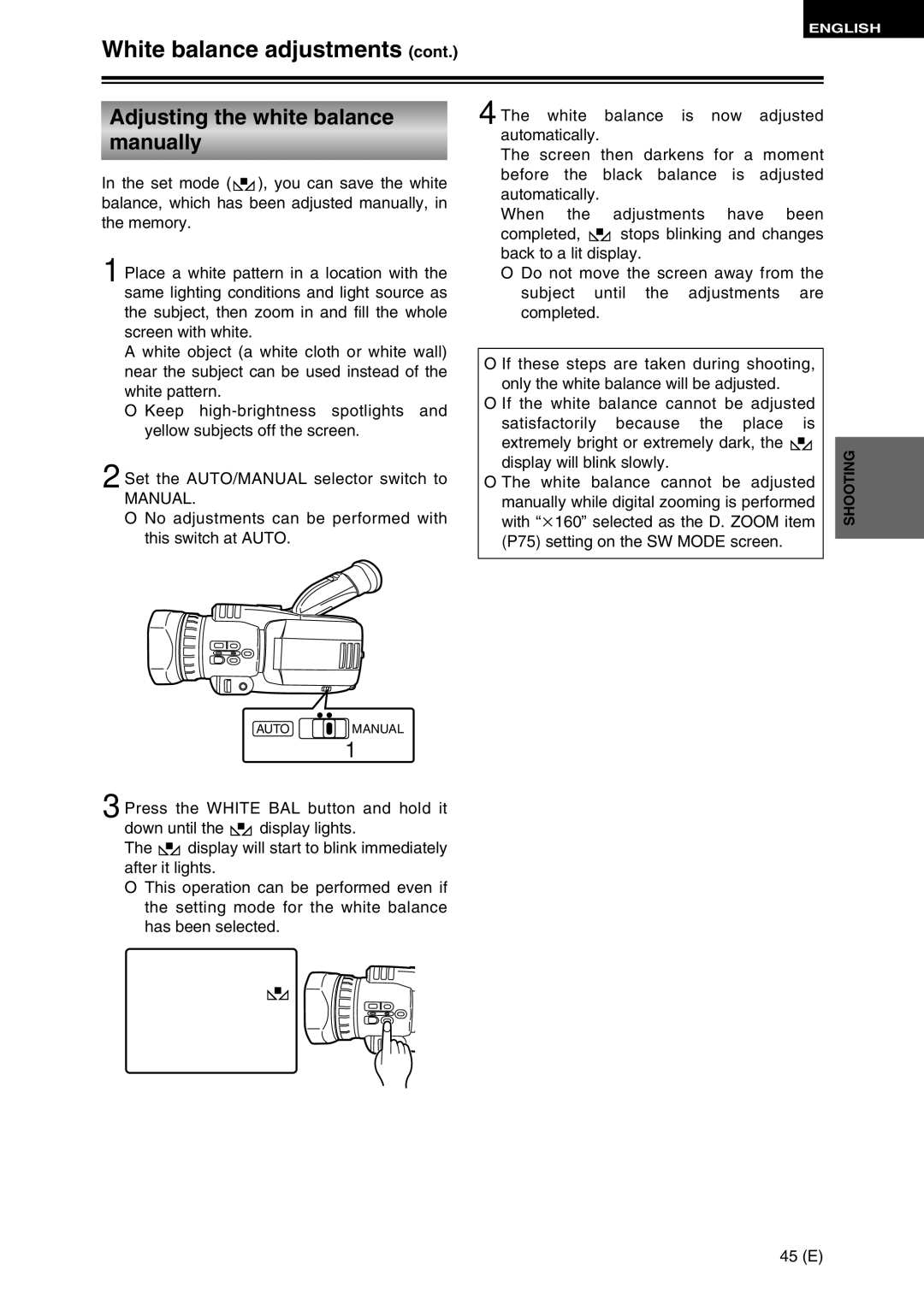 Panasonic AG-DVC30 specifications White balance adjustments, Adjusting the white balance Manually 