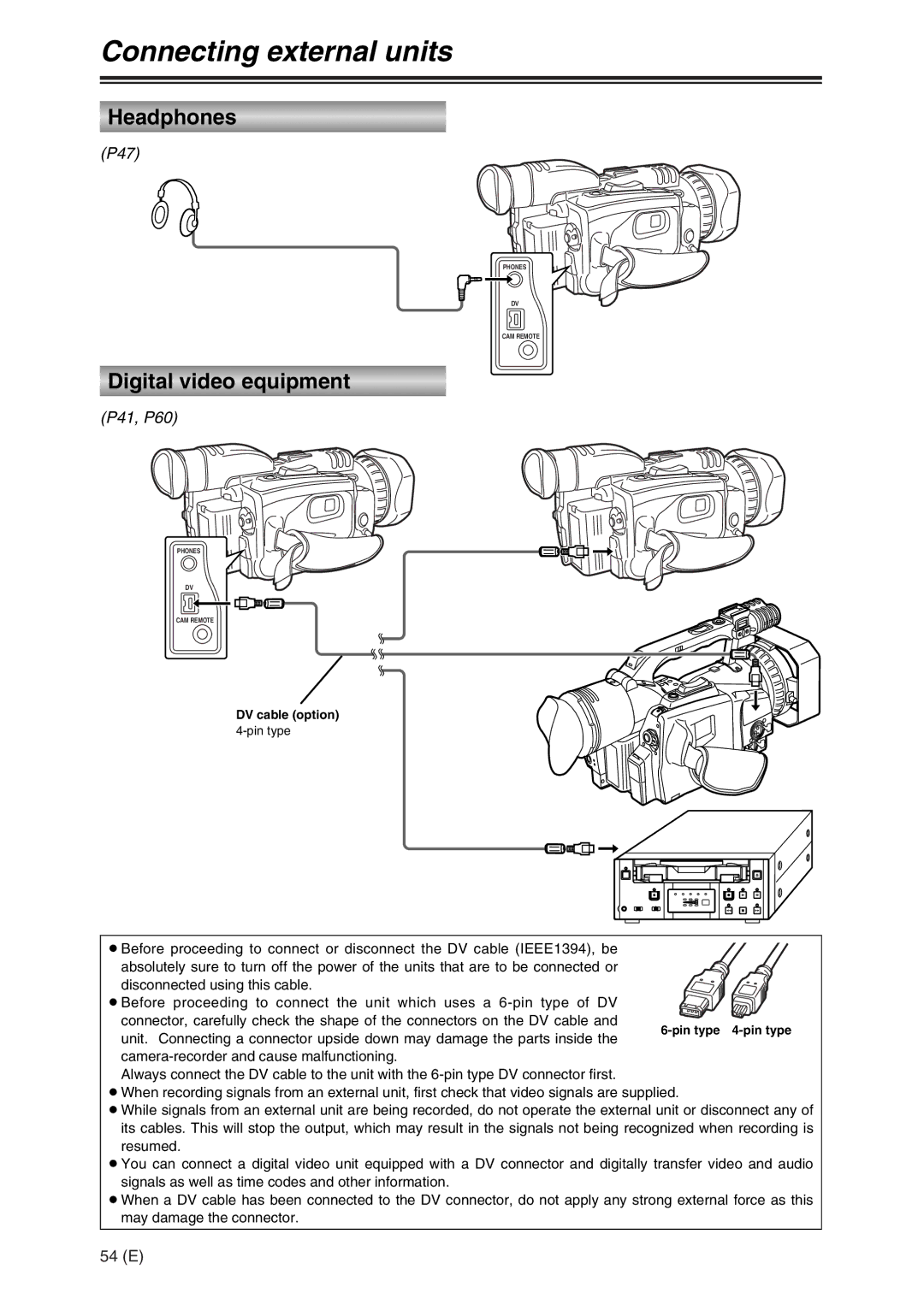 Panasonic AG-DVC30 specifications Connecting external units, Headphones, Digital video equipment, 54 E, DV cable option 