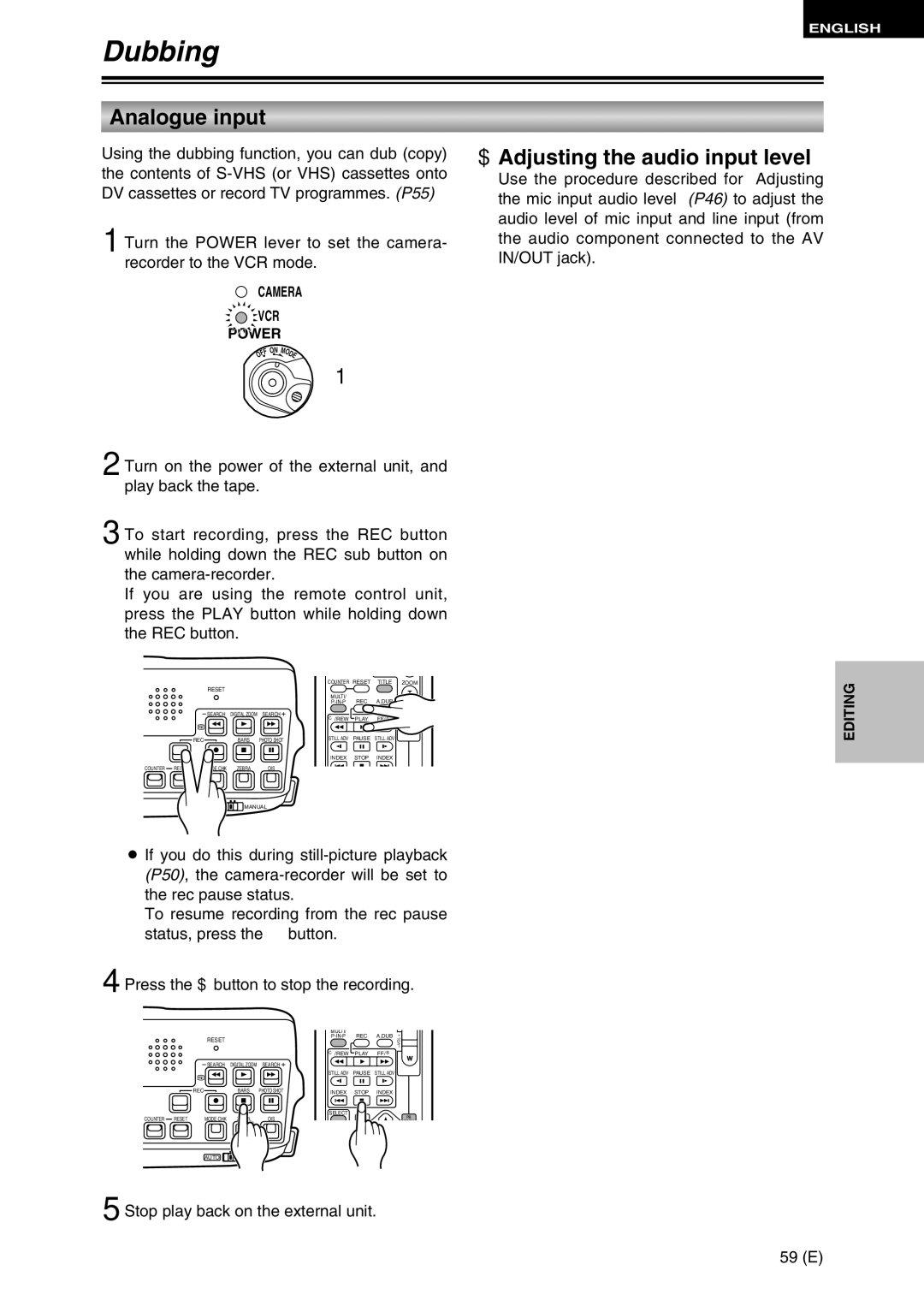 Panasonic AG-DVC30 specifications Dubbing, Analogue input, Stop play back on the external unit, 59 E 