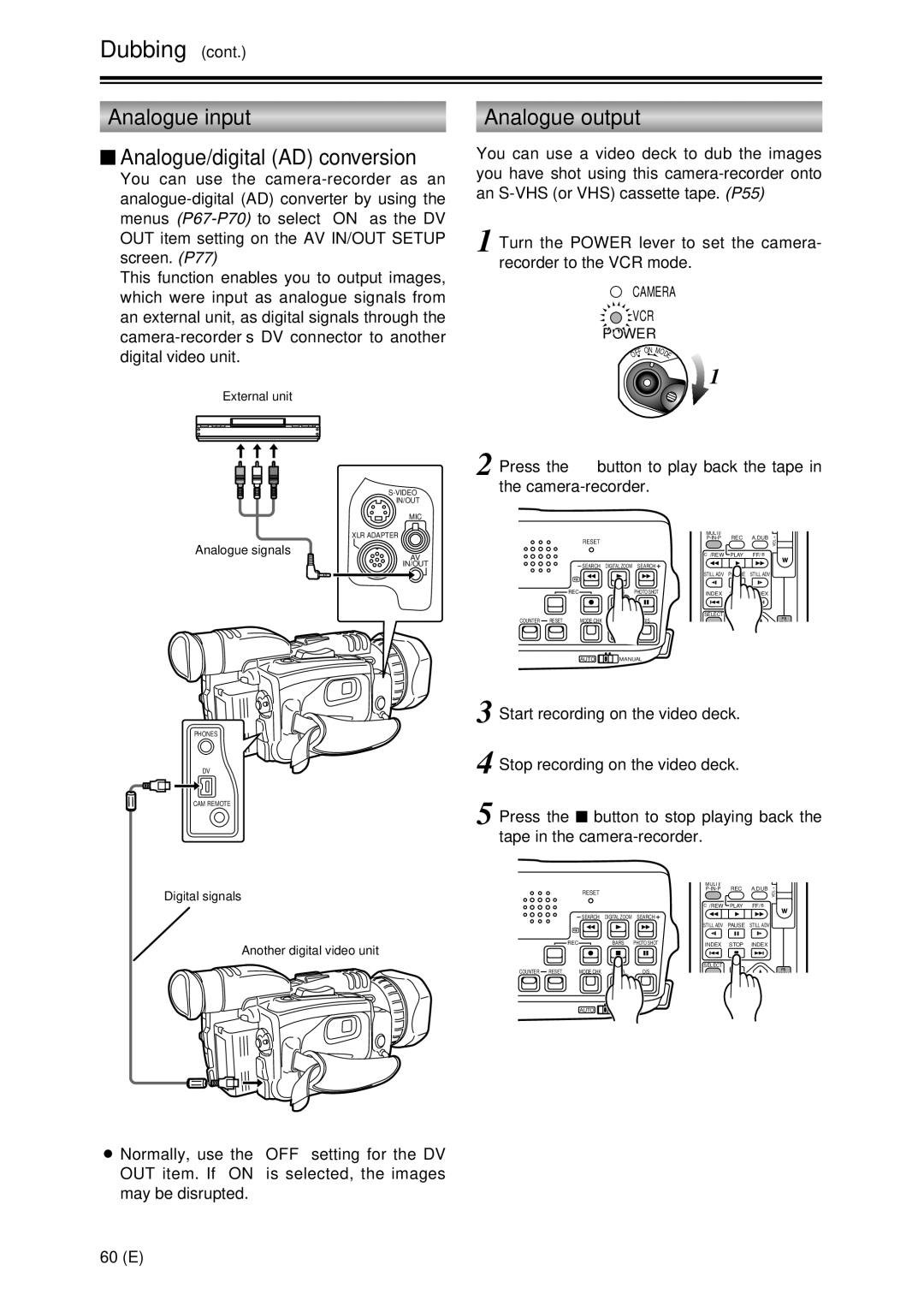 Panasonic AG-DVC30 specifications Dubbing, Analogue input $ Analogue/digital AD conversion, Analogue output 