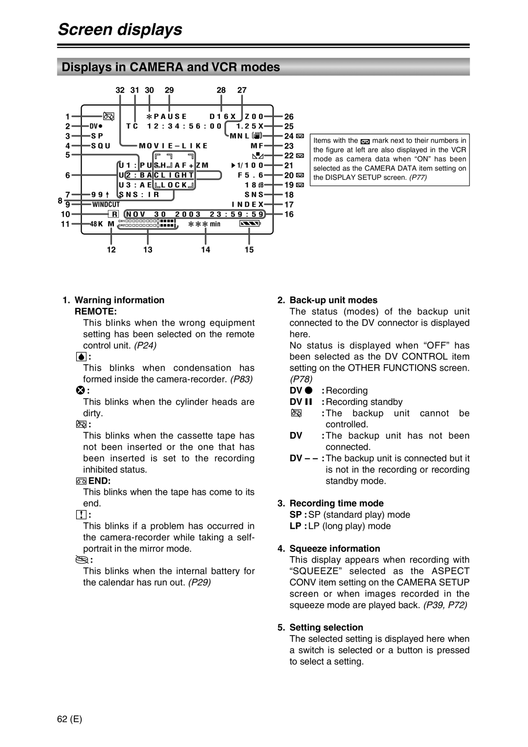 Panasonic AG-DVC30 specifications Screen displays, Displays in Camera and VCR modes 