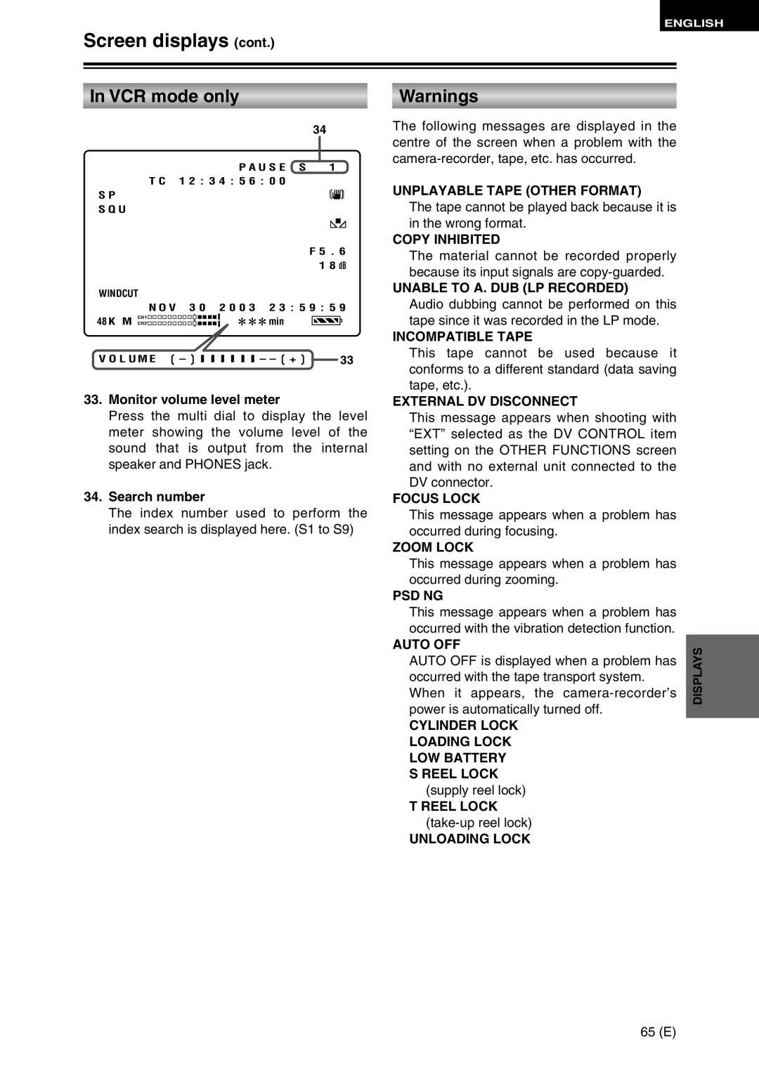 Panasonic AG-DVC30 specifications VCR mode only, Monitor volume level meter, Search number 