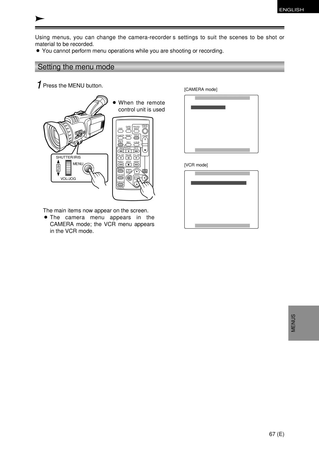 Panasonic AG-DVC30 Menu operations, Setting the menu mode, Press the Menu button When the remote control unit is used 