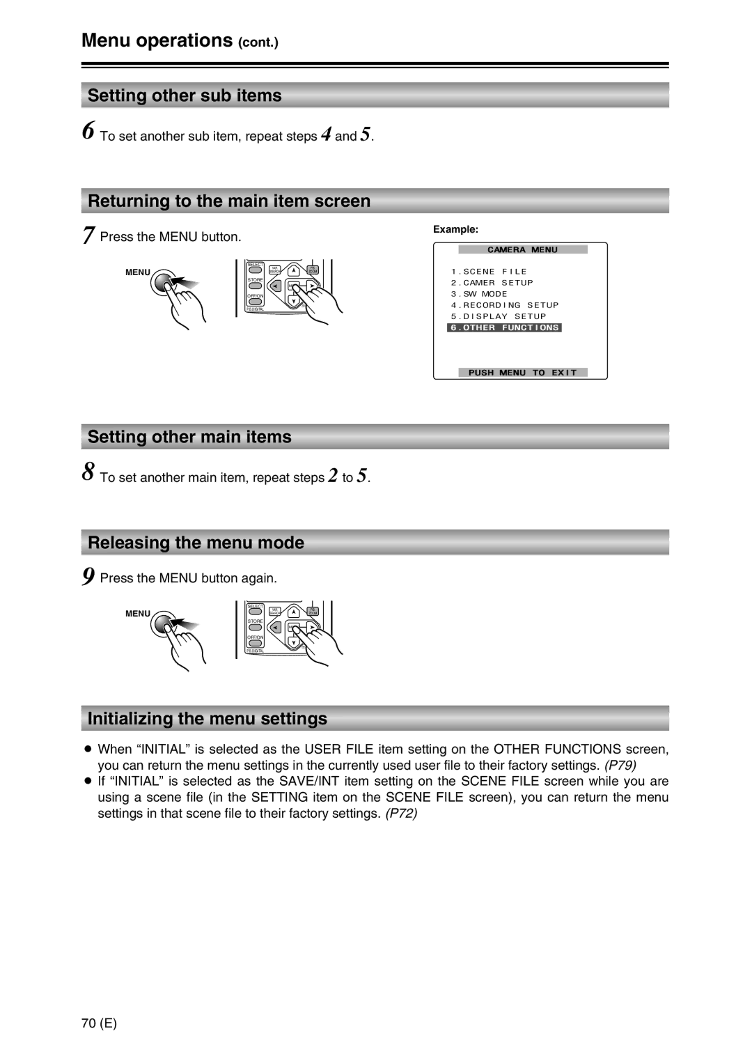 Panasonic AG-DVC30 specifications Setting other sub items, Returning to the main item screen, Setting other main items 