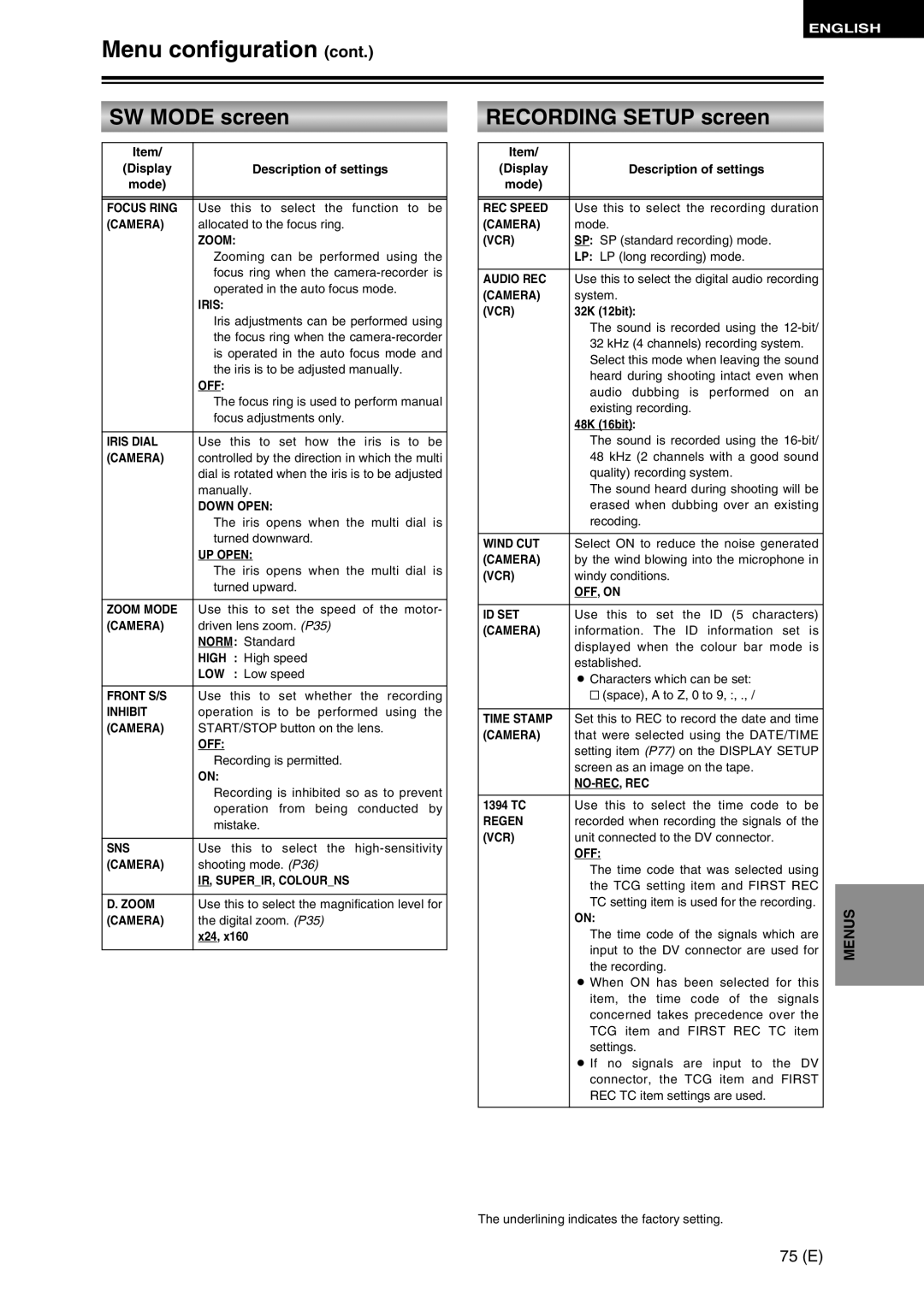 Panasonic AG-DVC30 specifications Recording Setup screen, 75 E 