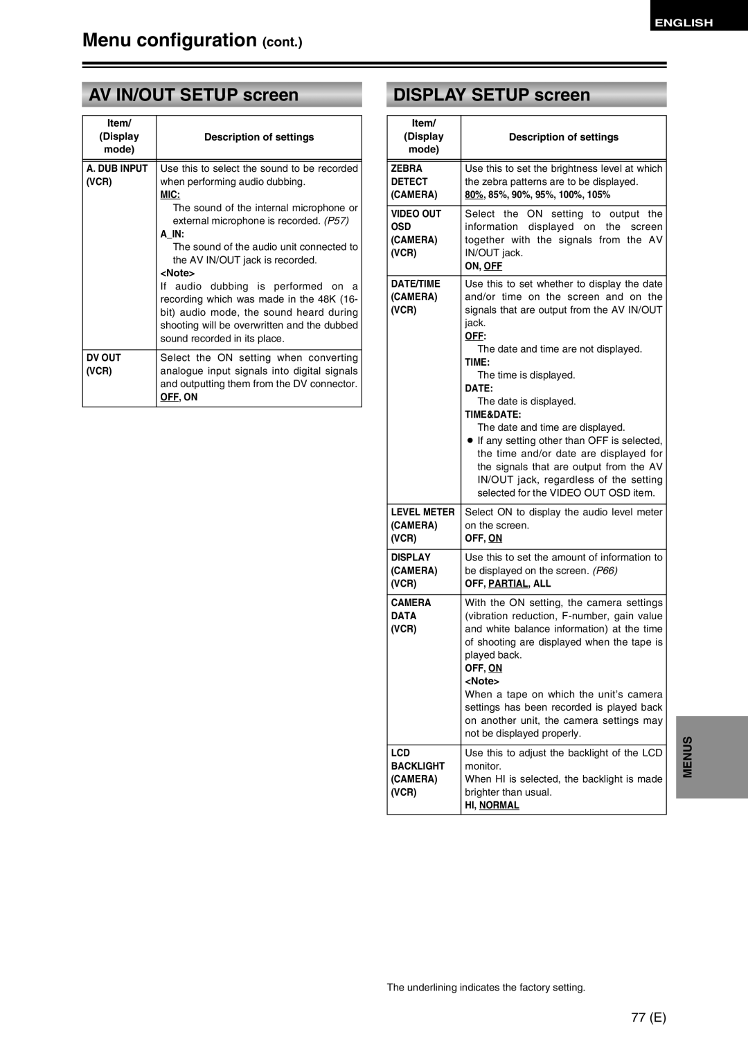 Panasonic AG-DVC30 specifications AV IN/OUT Setup screen, Display Setup screen, 77 E 