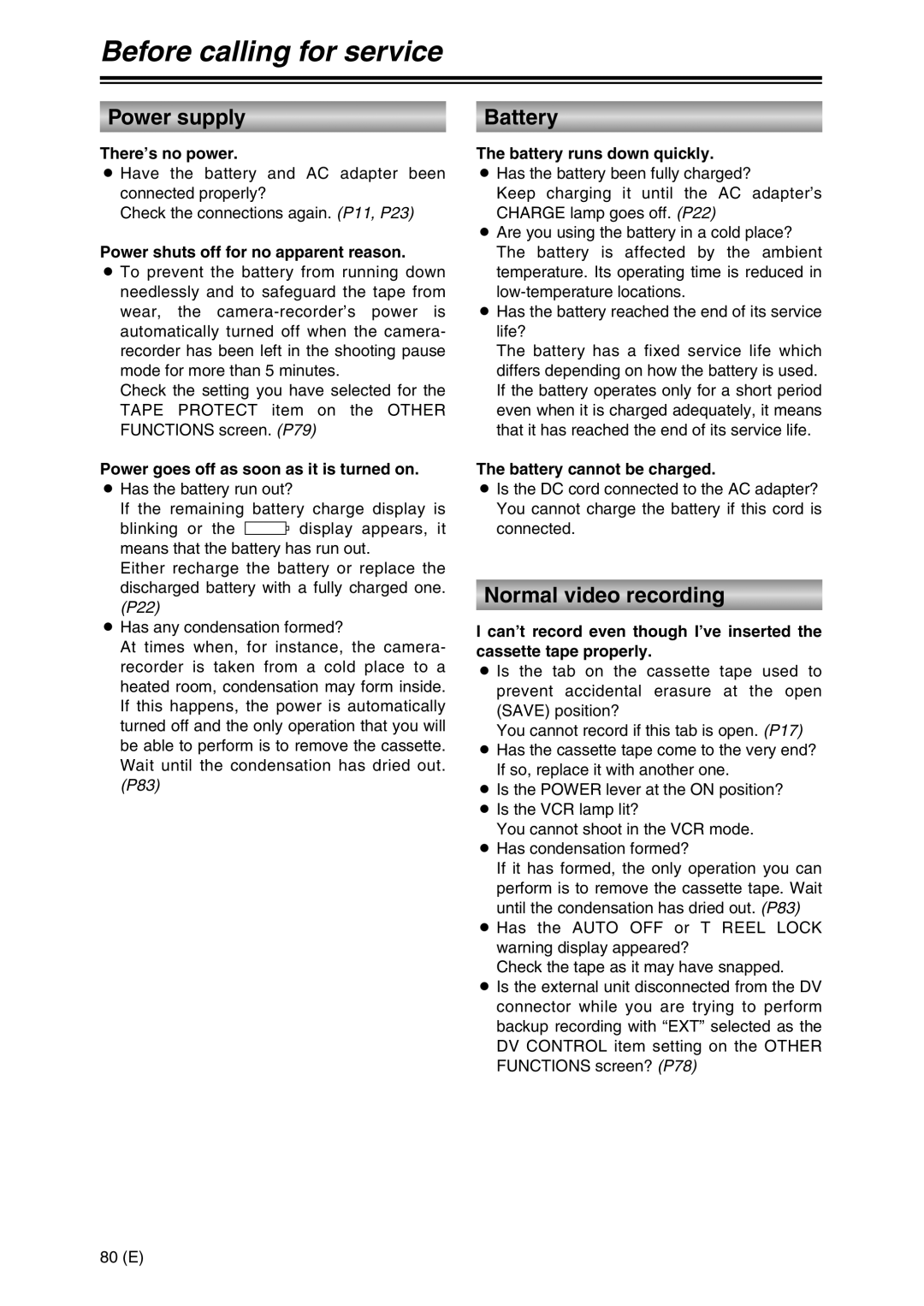 Panasonic AG-DVC30 specifications Before calling for service, Power supply, Battery, Normal video recording 