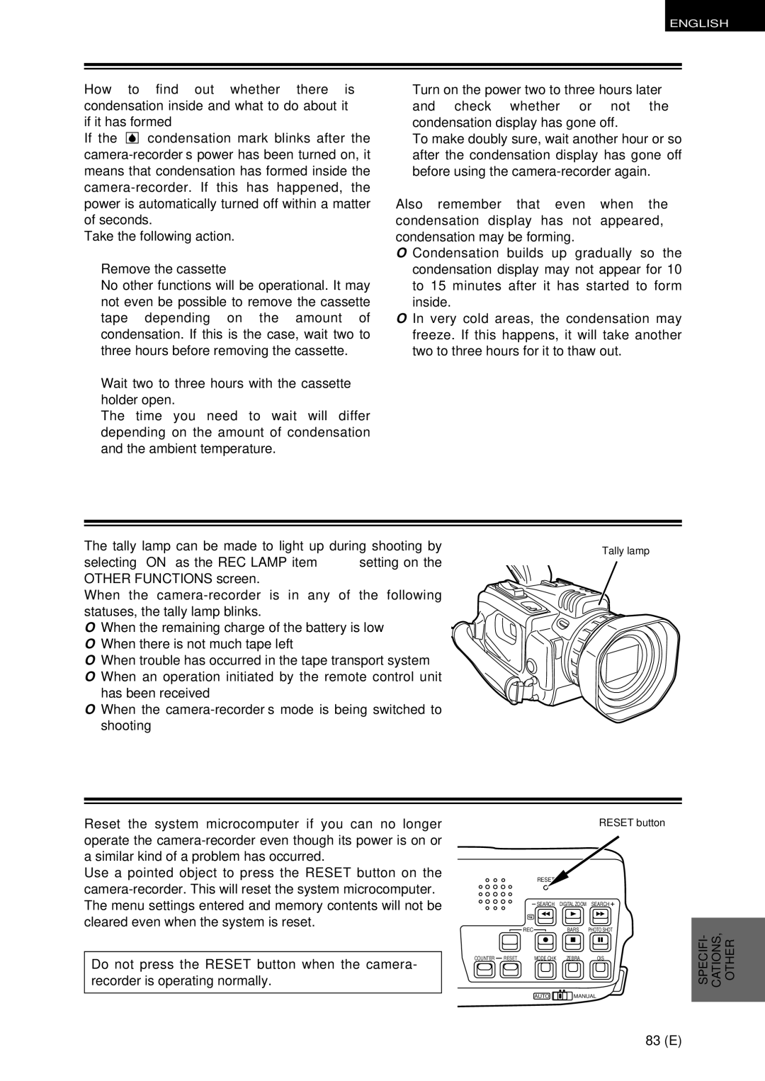 Panasonic AG-DVC30 specifications Condensation, Tally lamp, System resetting 