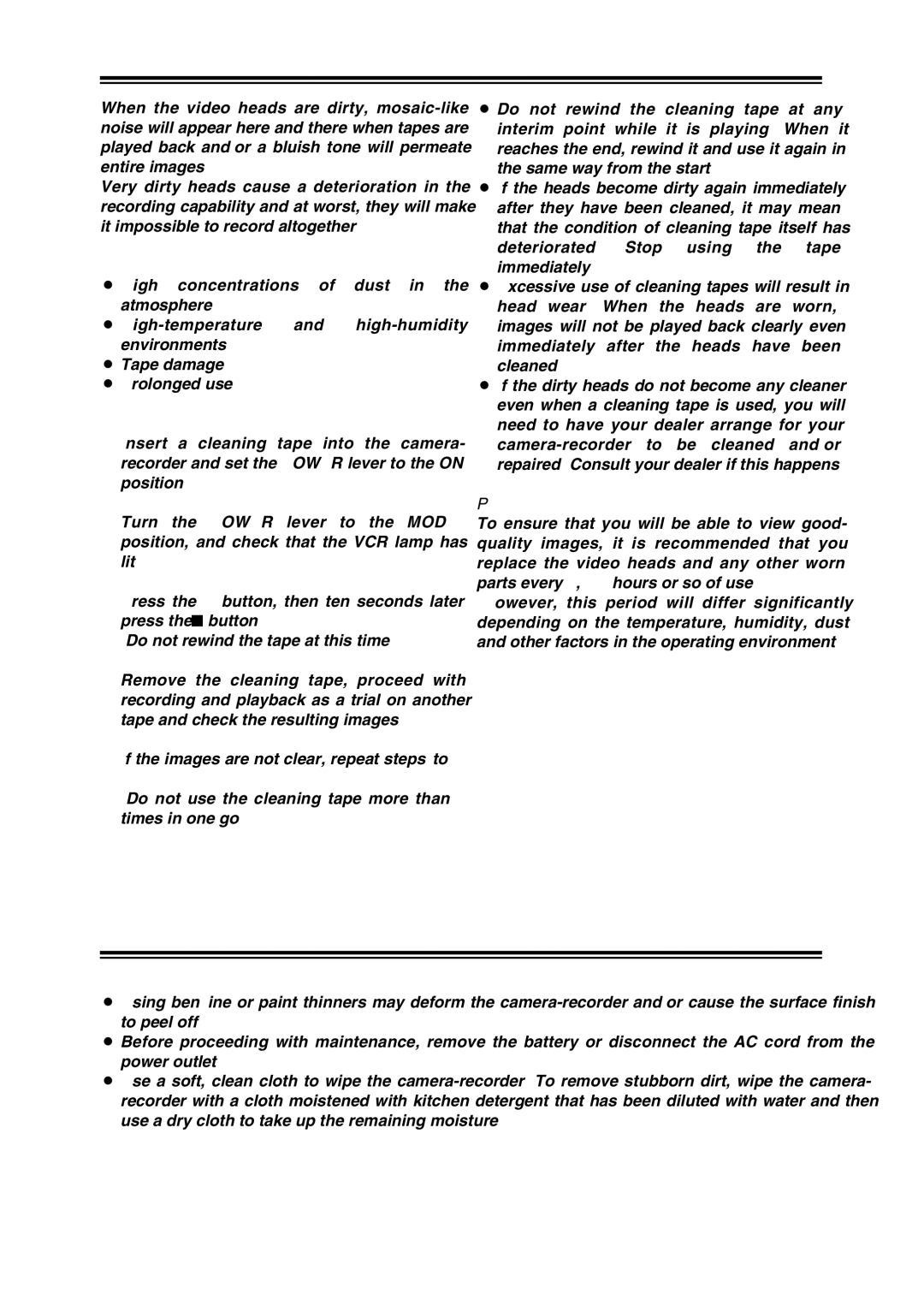 Panasonic AG-DVC30 Cleaning the video heads, Maintenance cautions, Factors that make the heads dirty, Periodic inspections 