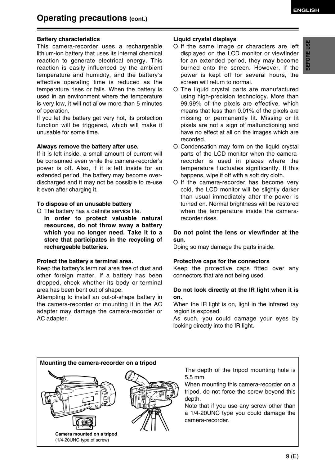 Panasonic AG-DVC30 specifications Operating precautions 