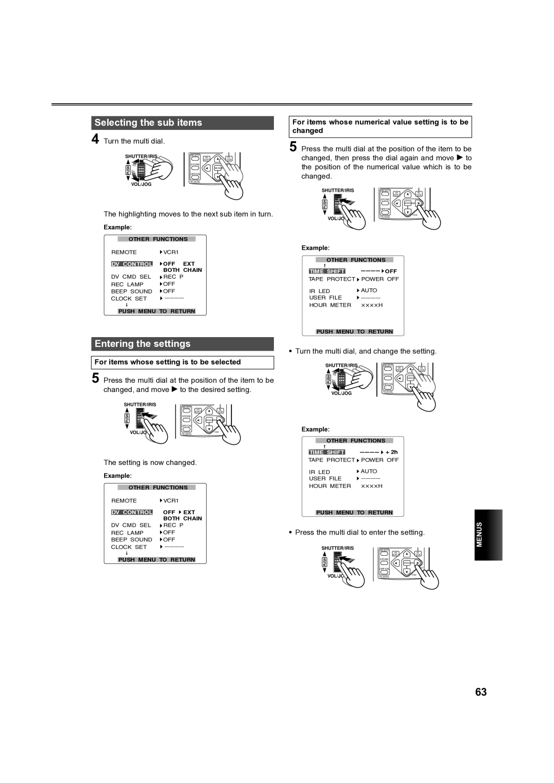 Panasonic AG-DVC60 manual Selecting the sub items, Entering the settings, For items whose setting is to be selected 