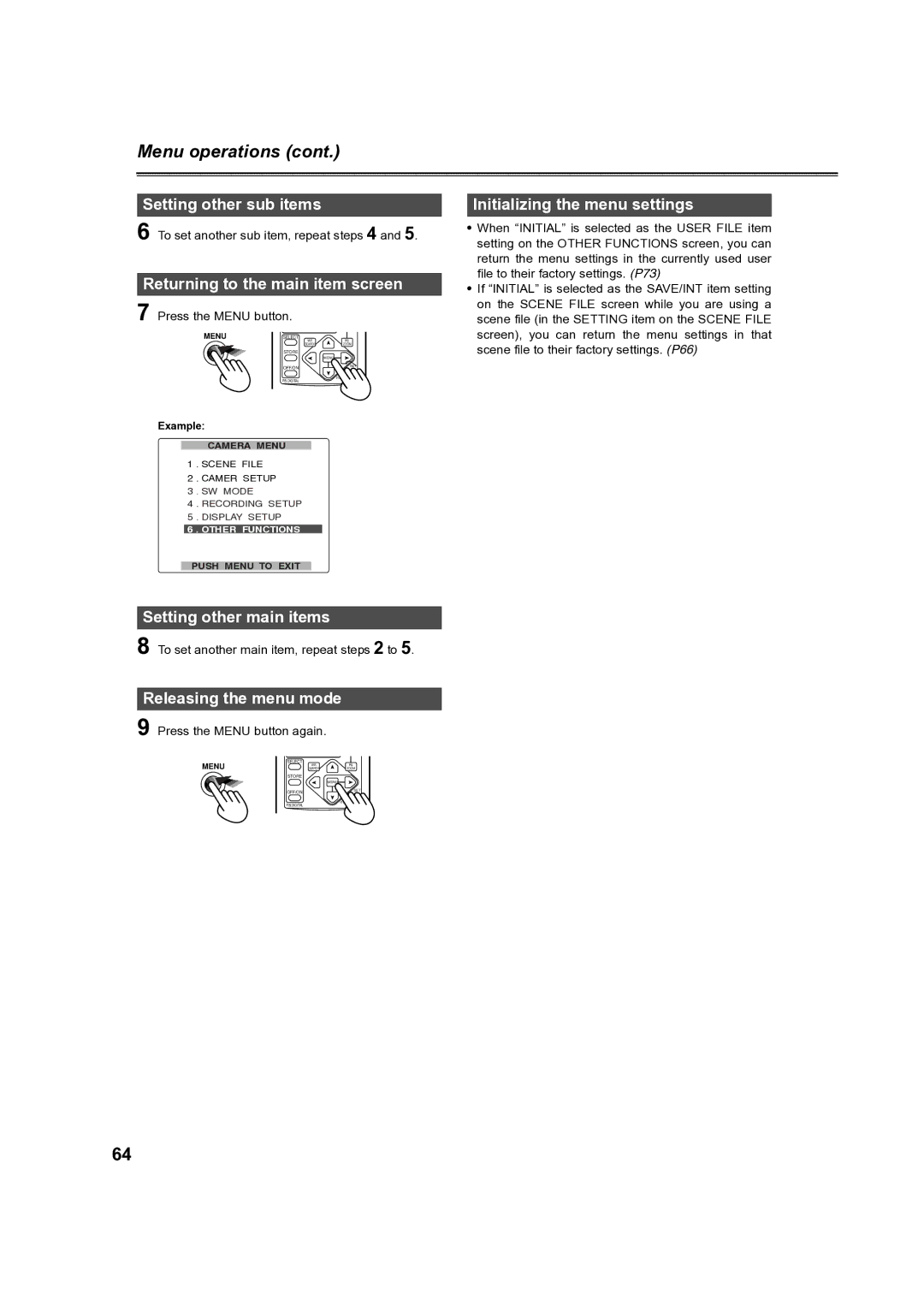 Panasonic AG-DVC60 manual Setting other sub items, Returning to the main item screen, Setting other main items 