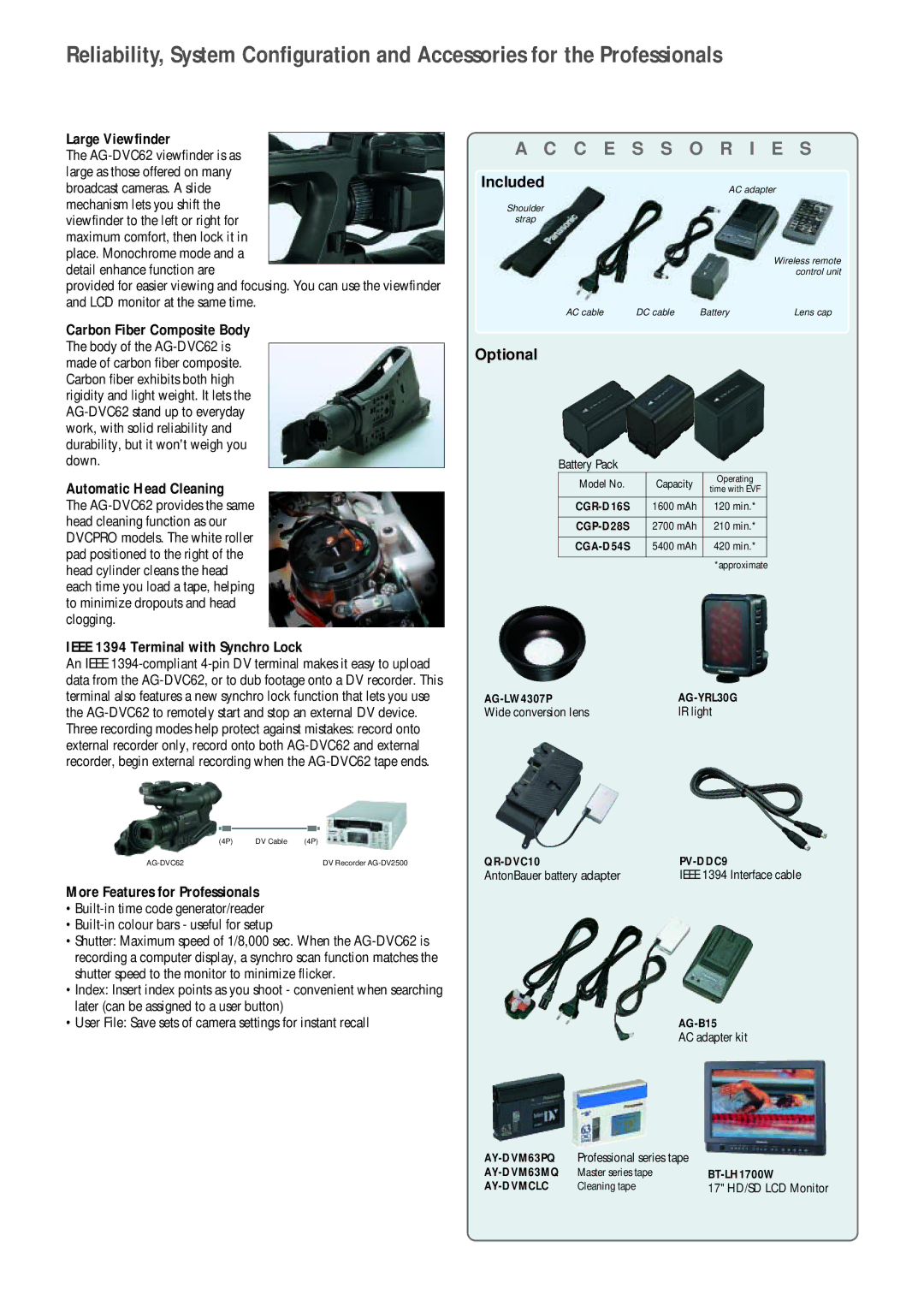 Panasonic AG-DVC62 manual Large Viewfinder, Included, Carbon Fiber Composite Body, Automatic Head Cleaning, Optional 