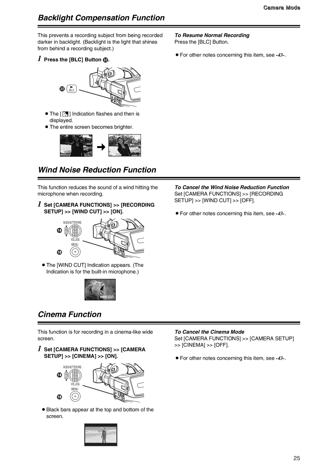 Panasonic AG-DVC7 manual Backlight Compensation Function, Wind Noise Reduction Function, Cinema Function 