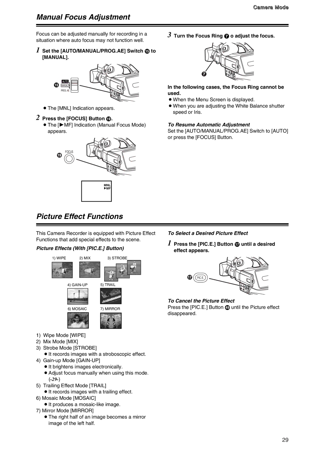 Panasonic AG-DVC7 manual Manual Focus Adjustment, Picture Effect Functions, Picture Effects With PIC.E. Button 