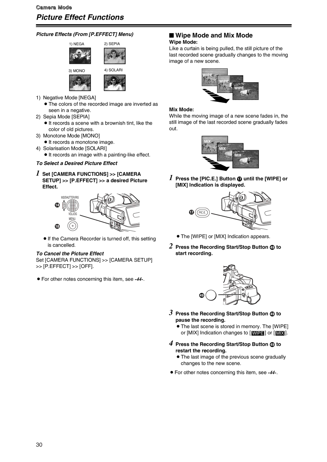 Panasonic AG-DVC7 manual $ Wipe Mode and Mix Mode, Picture Effects From P.EFFECT Menu 