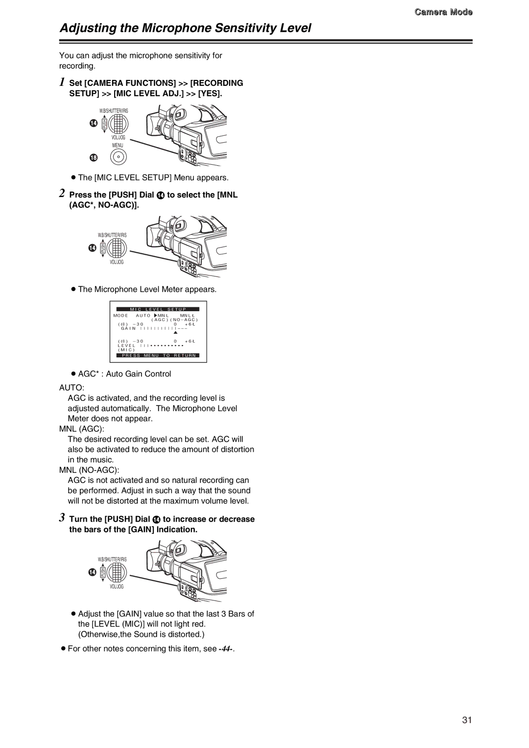 Panasonic AG-DVC7 Adjusting the Microphone Sensitivity Level, Set Camera Functions Recording Setup MIC Level ADJ. YES 