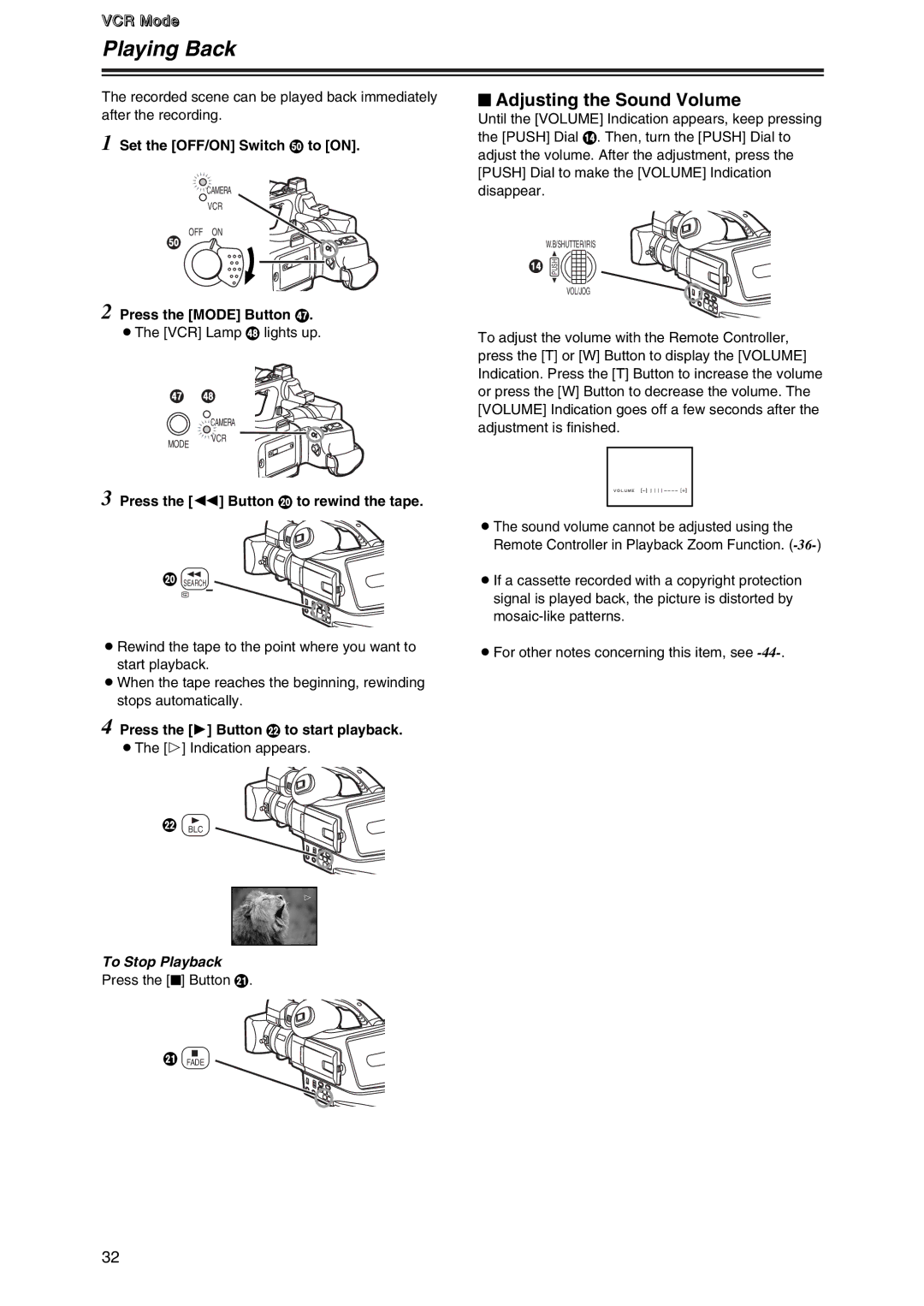 Panasonic AG-DVC7 manual Playing Back, $ Adjusting the Sound Volume, To Stop Playback 