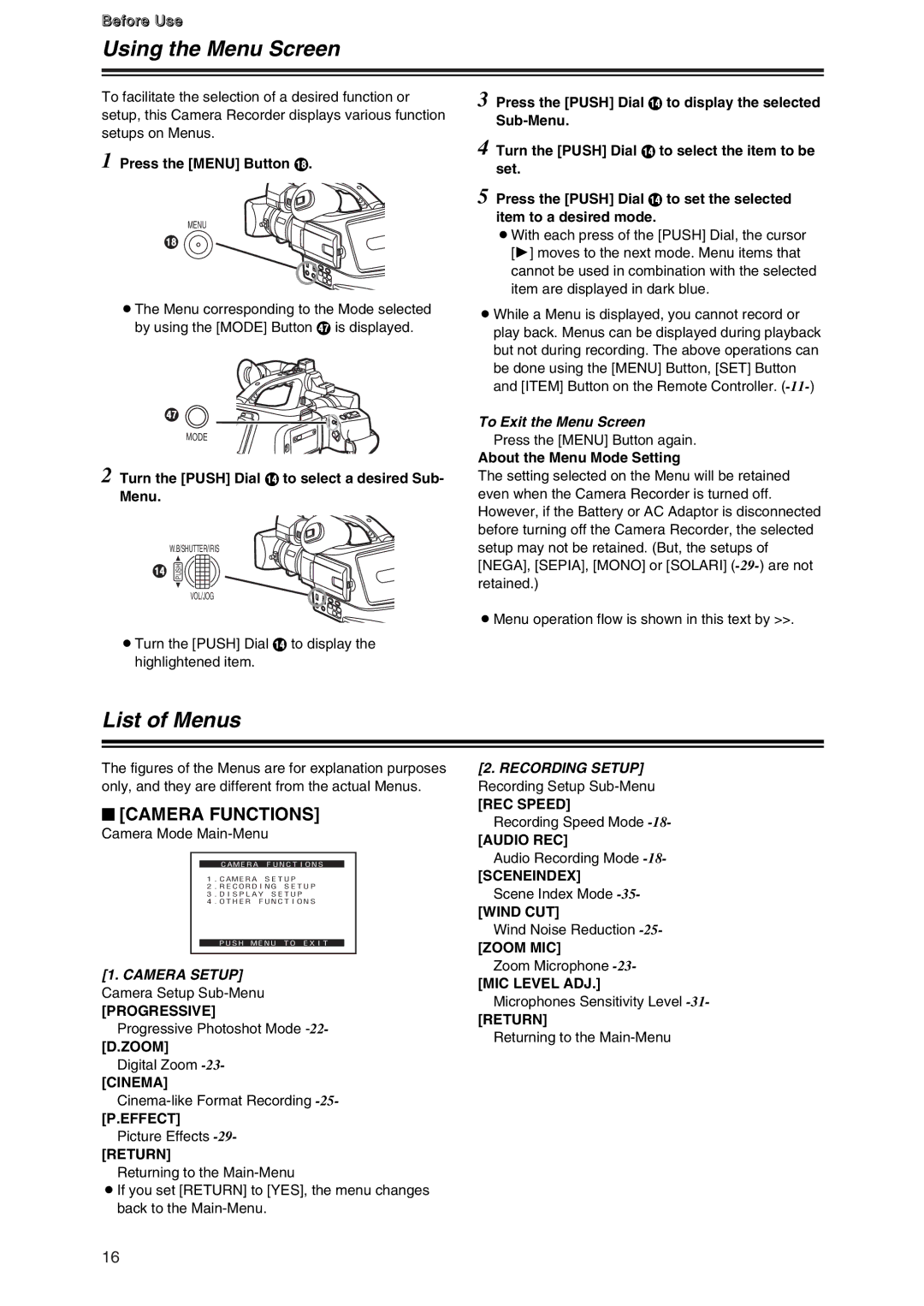 Panasonic AG-DVC7 manual Using the Menu Screen, List of Menus, To Exit the Menu Screen 