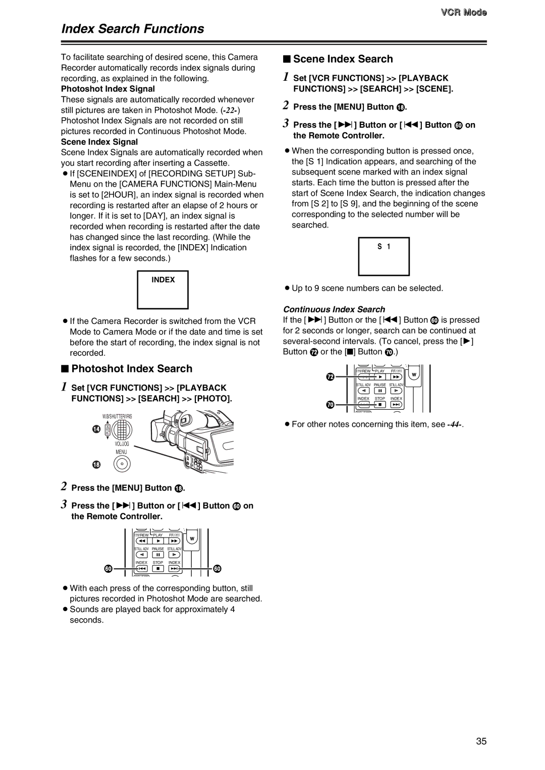 Panasonic AG-DVC7 manual Index Search Functions, $ Photoshot Index Search, $ Scene Index Search, Continuous Index Search 