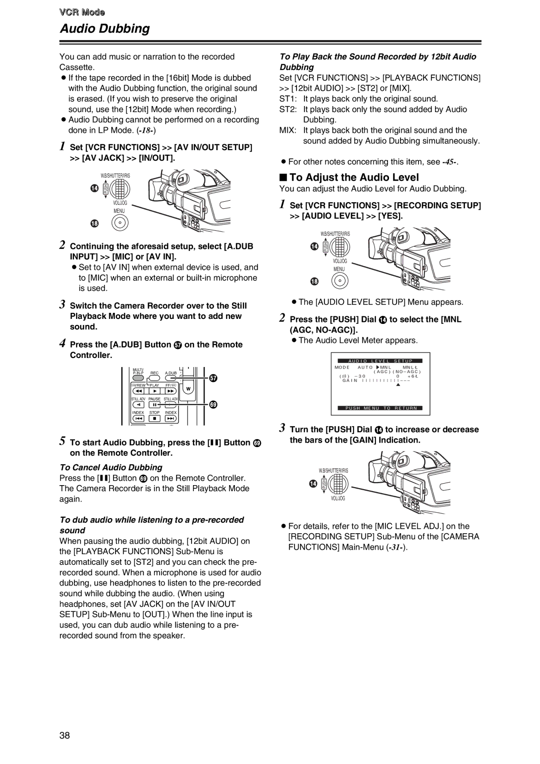 Panasonic AG-DVC7 manual $ To Adjust the Audio Level, To Play Back the Sound Recorded by 12bit Audio Dubbing 