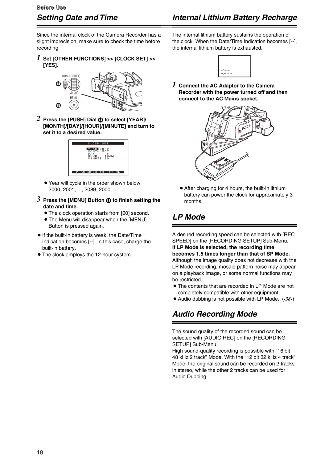 Panasonic AG-DVC7 manual Setting Date and Time Internal Lithium Battery Recharge, LP Mode, Audio Recording Mode, Before Use 