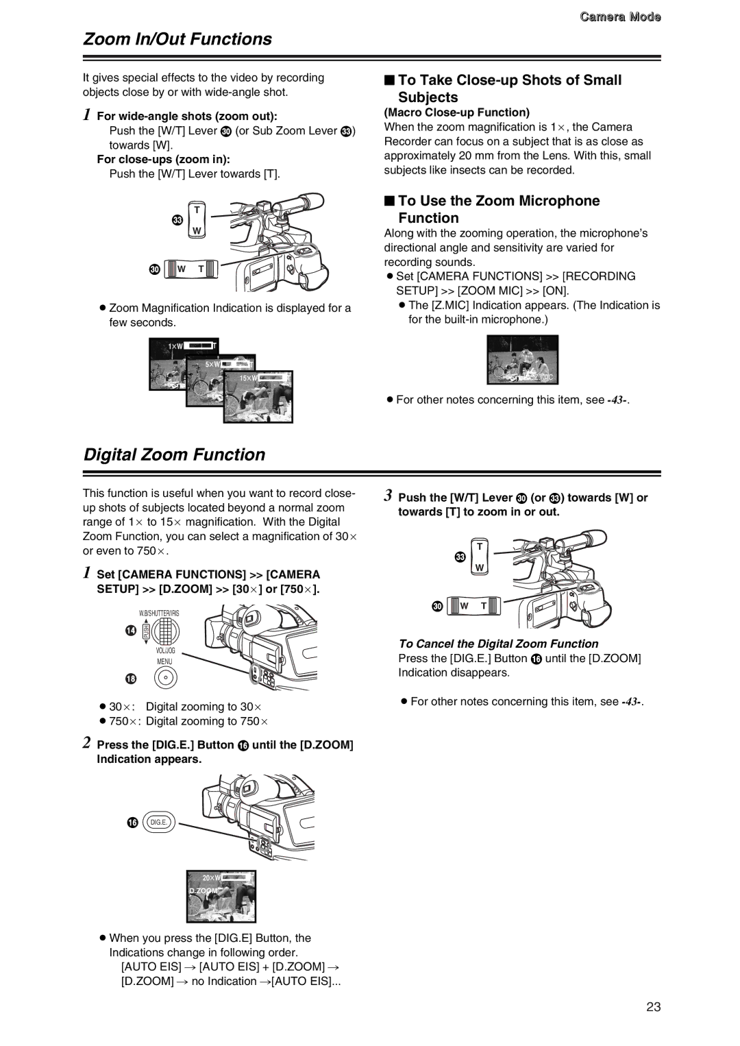 Panasonic AG-DVC7 manual Zoom In/Out Functions, Digital Zoom Function, $ To Take Close-up Shots of Small Subjects 