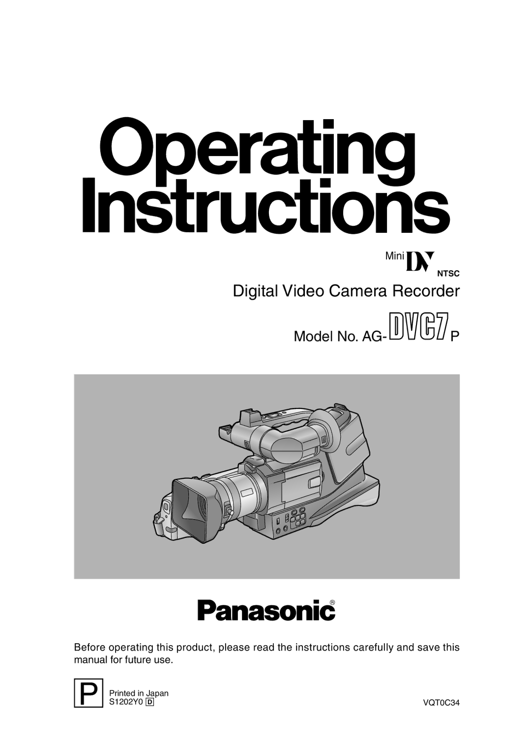 Panasonic AG-DVC7P manual Digital Video Camera Recorder 