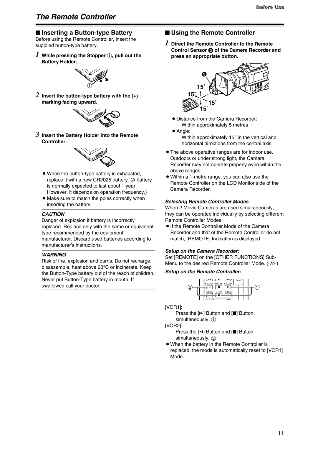 Panasonic AG-DVC7P manual $ Inserting a Button-type Battery, $ Using the Remote Controller, 15˚ 15˚ 