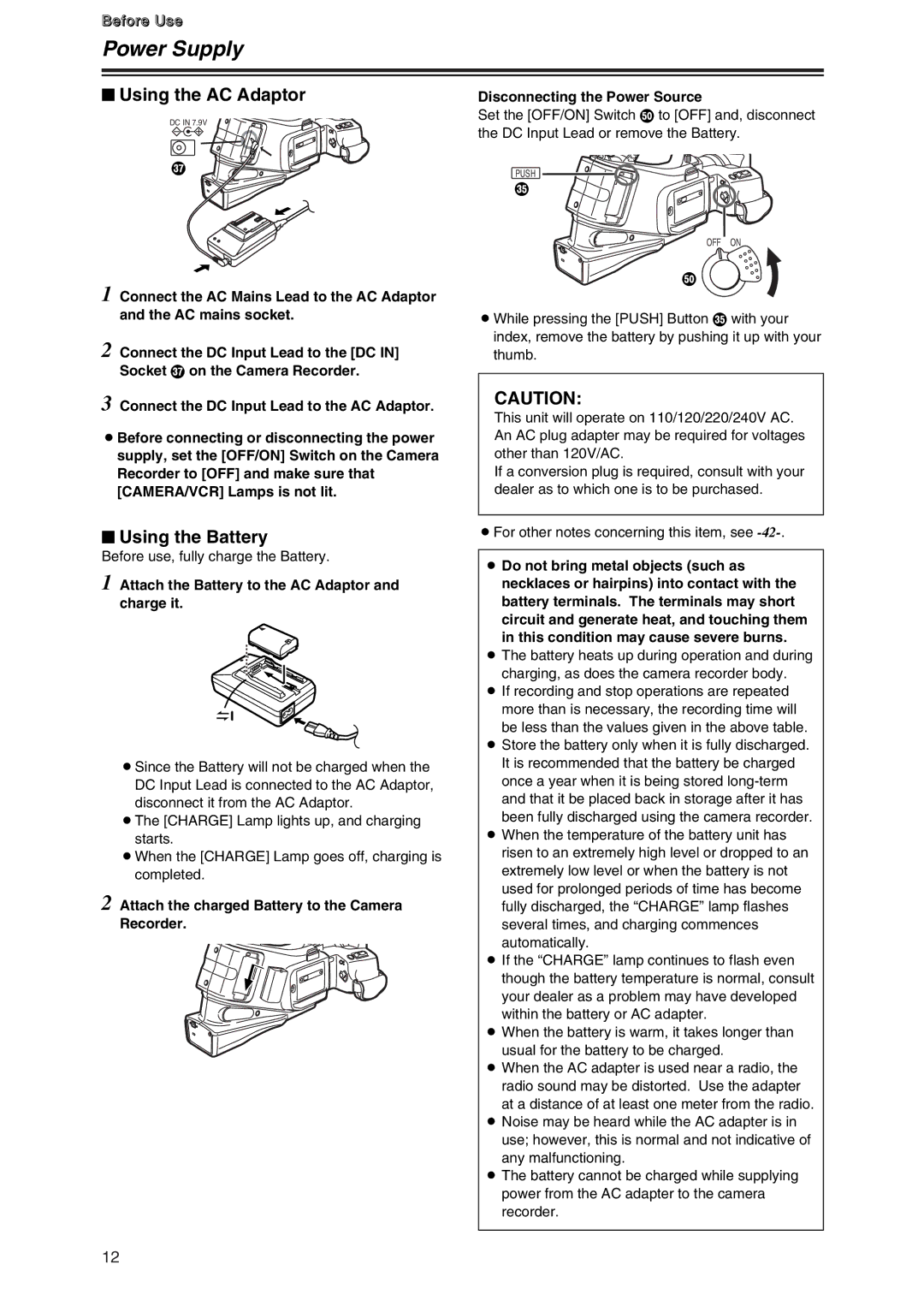 Panasonic AG-DVC7P manual Power Supply, $ Using the AC Adaptor, $ Using the Battery 