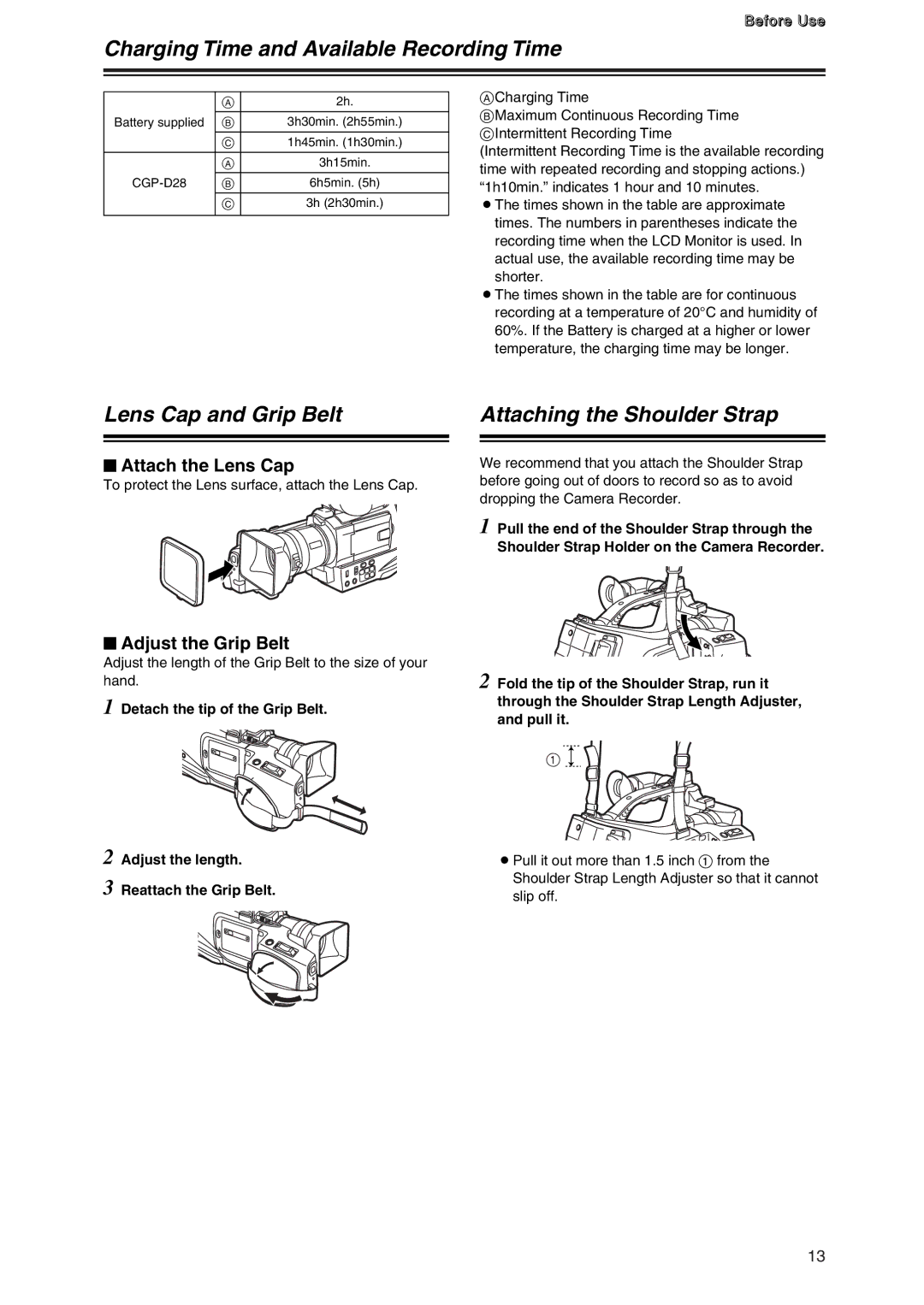 Panasonic AG-DVC7P manual Charging Time and Available Recording Time, Lens Cap and Grip Belt, Attaching the Shoulder Strap 