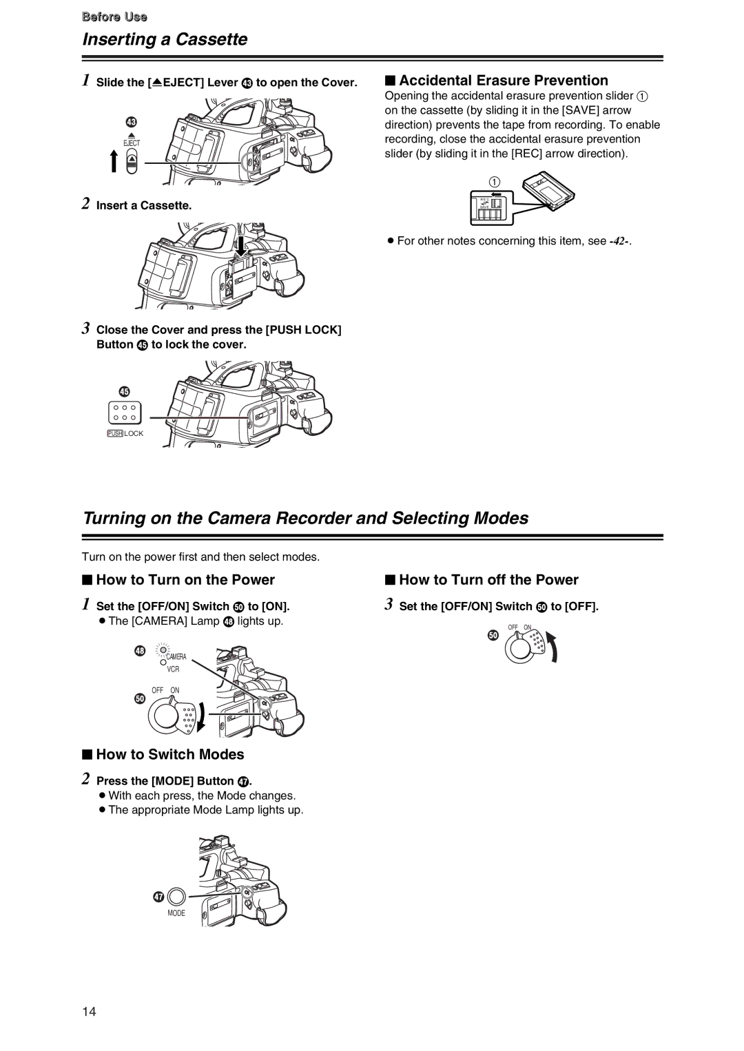 Panasonic AG-DVC7P manual Inserting a Cassette, Turning on the Camera Recorder and Selecting Modes 