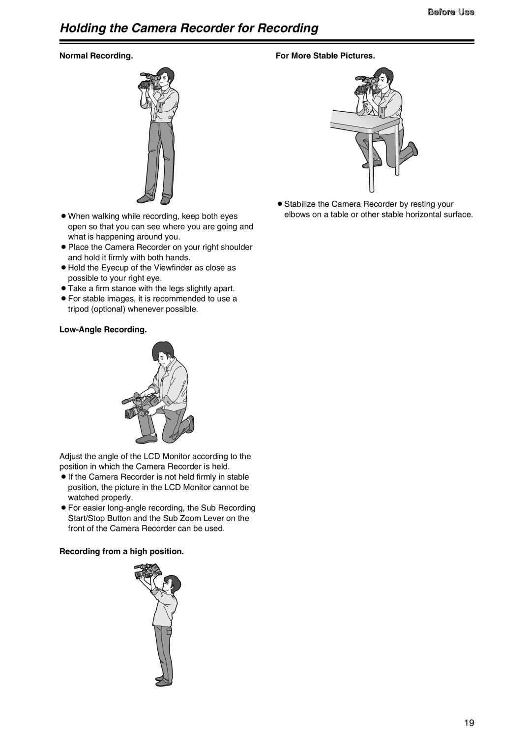 Panasonic AG-DVC7P manual Holding the Camera Recorder for Recording, Normal Recording, Low-Angle Recording 