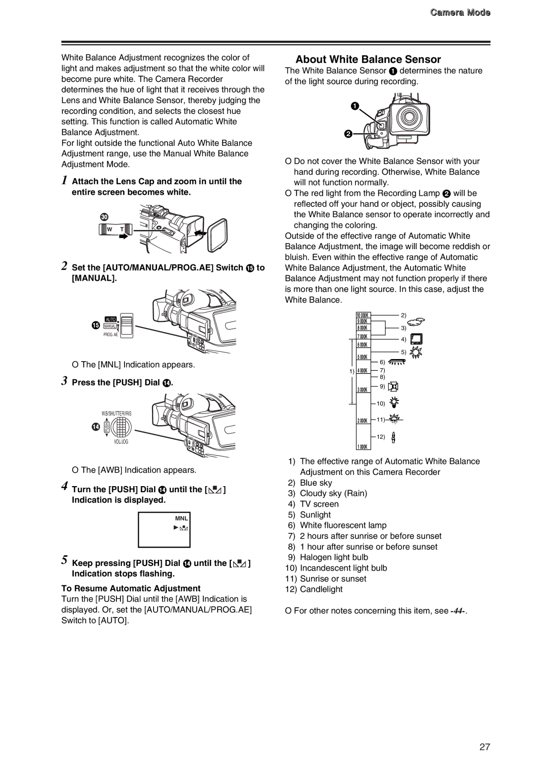 Panasonic AG-DVC7P manual Adjusting White Balance Manually, $ About White Balance Sensor 