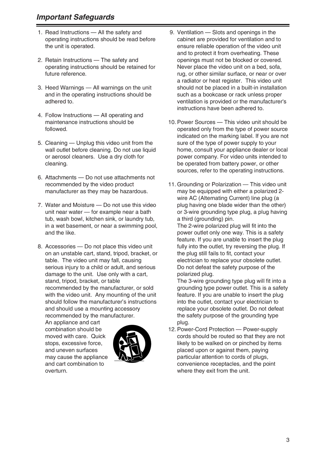 Panasonic AG-DVC7P manual Important Safeguards 