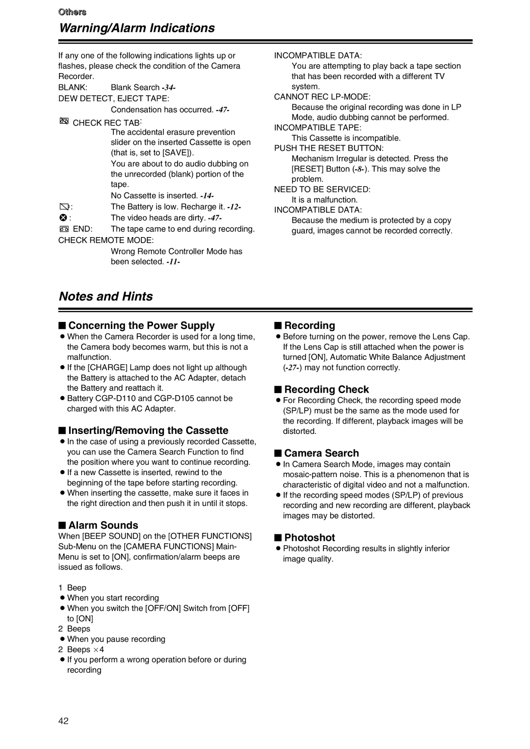 Panasonic AG-DVC7P $ Concerning the Power Supply, $ Inserting/Removing the Cassette, $ Recording Check, $ Alarm Sounds 