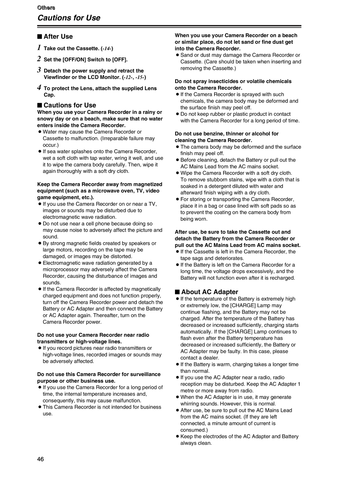 Panasonic AG-DVC7P manual $ After Use, $ Cautions for Use, $ About AC Adapter, Onto the Camera Recorder 