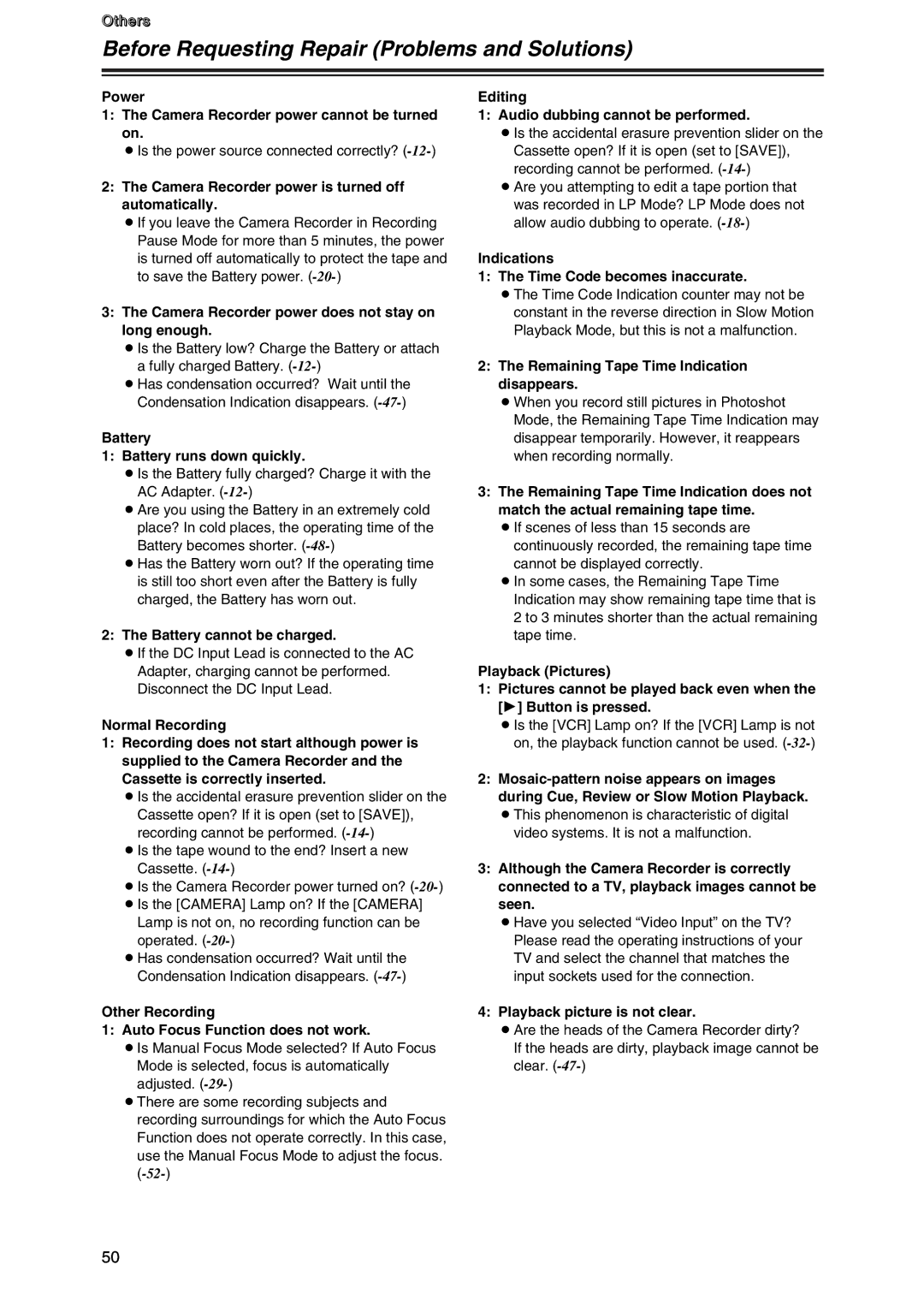 Panasonic AG-DVC7P manual Before Requesting Repair Problems and Solutions 