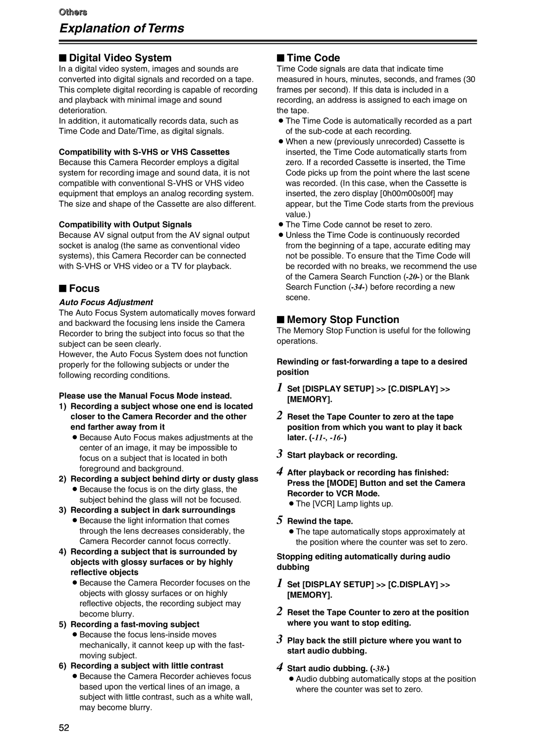 Panasonic AG-DVC7P manual Explanation of Terms, $ Digital Video System, $ Focus, $ Time Code, $ Memory Stop Function 